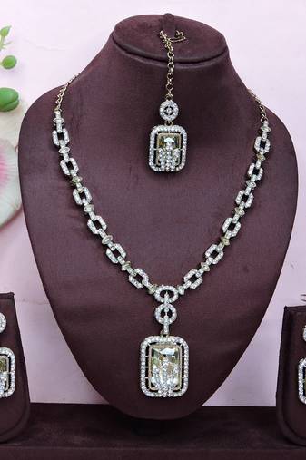White yellow gold premium designer american diamond and stone work necklace set