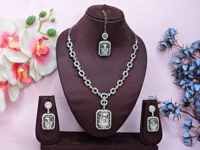 White yellow gold premium designer american diamond and stone work necklace set