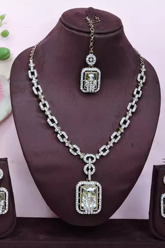 White yellow gold premium designer american diamond and stone work necklace set