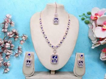 Blue rose gold premium designer american diamond and stone work necklace set 1