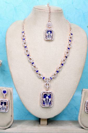 Blue rose gold premium designer american diamond and stone work necklace set
