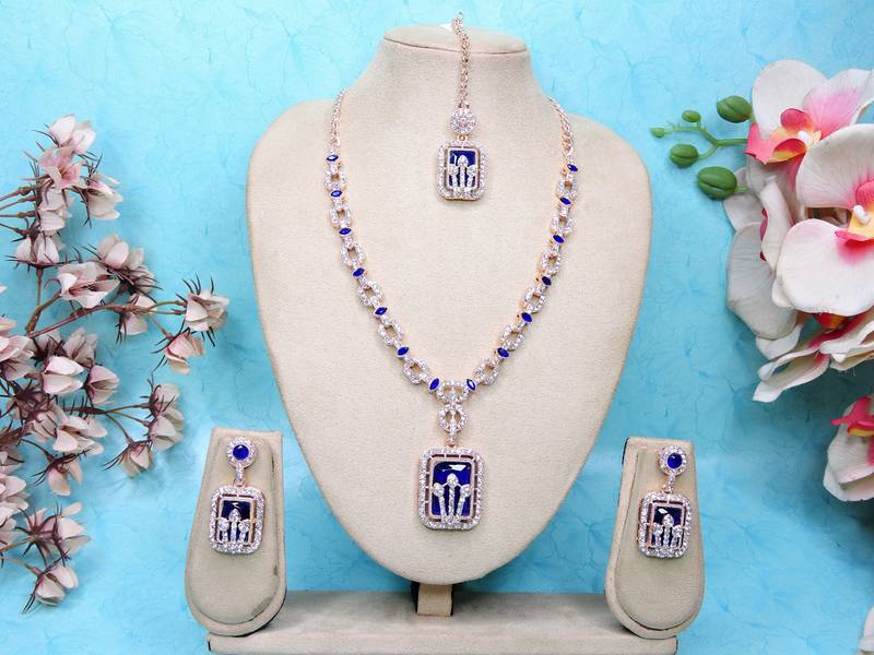Blue rose gold premium designer american diamond and stone work necklace set