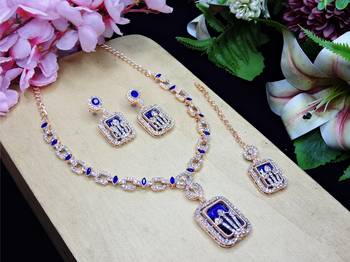 Blue rose gold premium designer american diamond and stone work necklace set 2