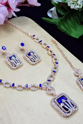Blue rose gold premium designer american diamond and stone work necklace set