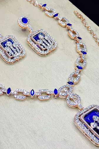 Blue rose gold premium designer american diamond and stone work necklace set