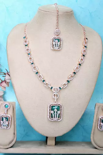 Green rose gold premium designer american diamond and stone work necklace set