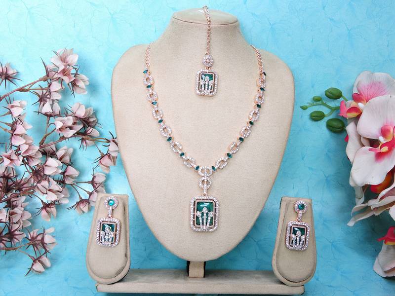 Green rose gold premium designer american diamond and stone work necklace set