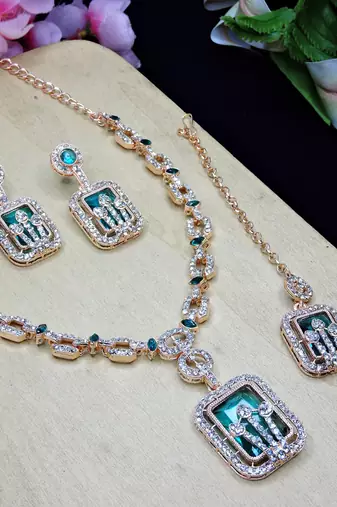 Green rose gold premium designer american diamond and stone work necklace set