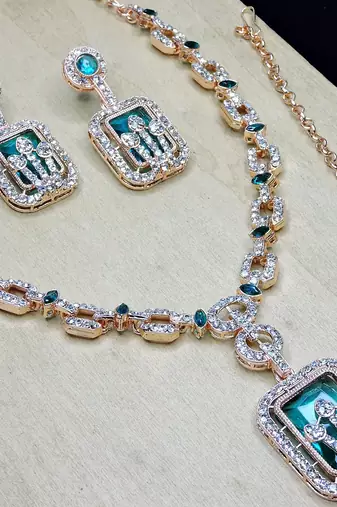 Green rose gold premium designer american diamond and stone work necklace set