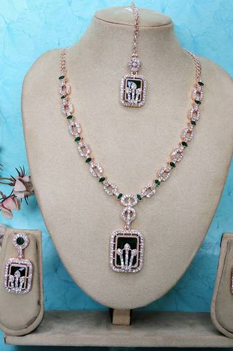 Green rose gold premium designer american diamond and stone work necklace set