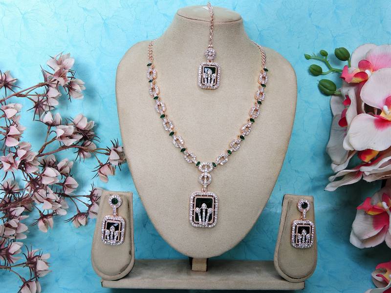 Green rose gold premium designer american diamond and stone work necklace set