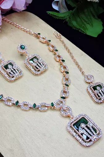 Green rose gold premium designer american diamond and stone work necklace set