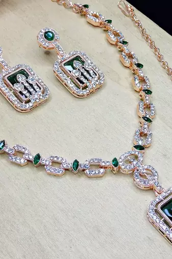 Green rose gold premium designer american diamond and stone work necklace set