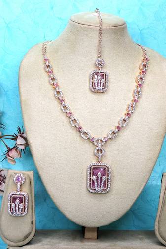 Purple rose gold premium designer american diamond and stone work necklace set