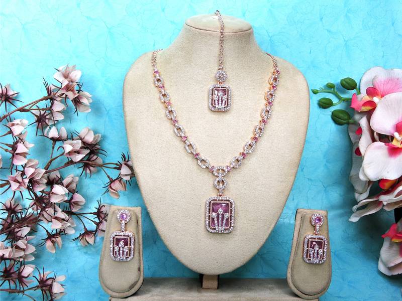 Purple rose gold premium designer american diamond and stone work necklace set