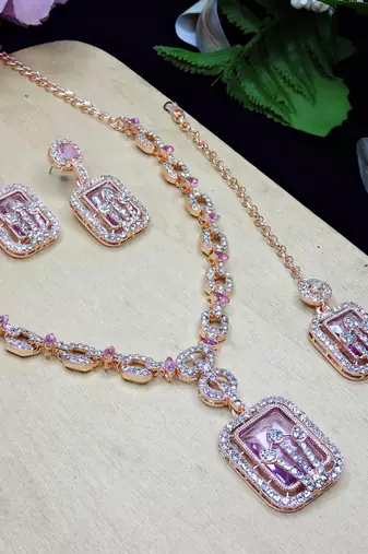 Purple rose gold premium designer american diamond and stone work necklace set