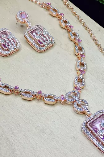 Purple rose gold premium designer american diamond and stone work necklace set