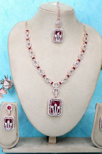Maroon rose gold premium designer american diamond and stone work necklace set