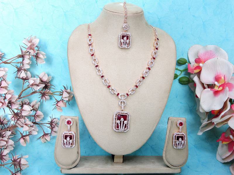 Maroon rose gold premium designer american diamond and stone work necklace set