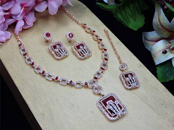Maroon rose gold premium designer american diamond and stone work necklace set 2