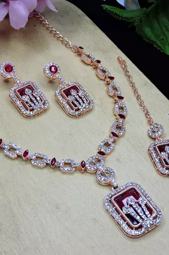 Maroon rose gold premium designer american diamond and stone work necklace set