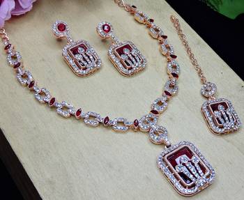 Maroon rose gold premium designer american diamond and stone work necklace set 3