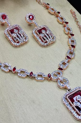 Maroon rose gold premium designer american diamond and stone work necklace set