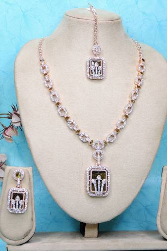 Green rose gold premium designer american diamond and stone work necklace set