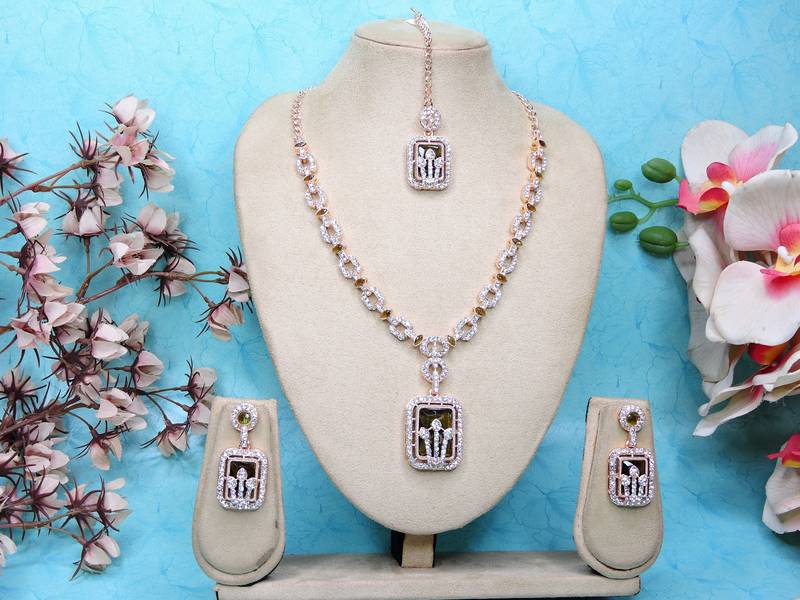 Green rose gold premium designer american diamond and stone work necklace set