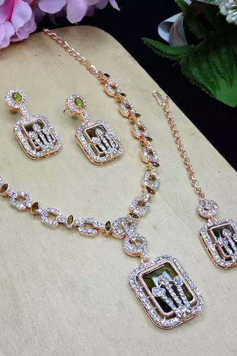 Green rose gold premium designer american diamond and stone work necklace set