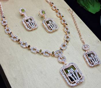 Green rose gold premium designer american diamond and stone work necklace set 3