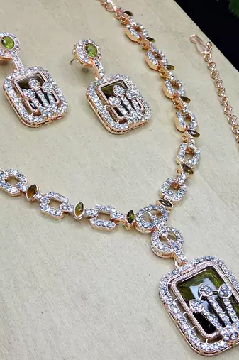 Green rose gold premium designer american diamond and stone work necklace set