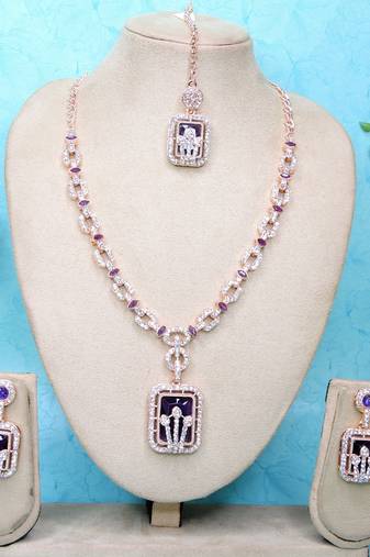 Blue rose gold premium designer american diamond and stone work necklace set