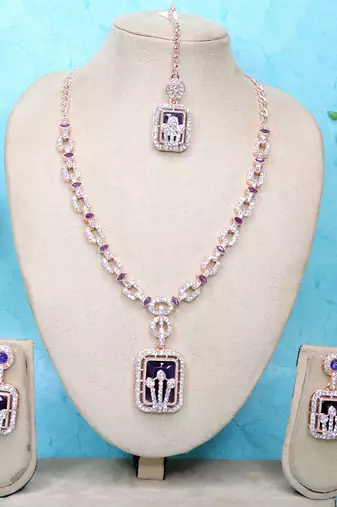 Blue rose gold premium designer american diamond and stone work necklace set