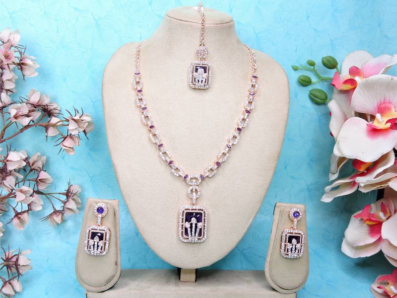 Blue rose gold premium designer american diamond and stone work necklace set