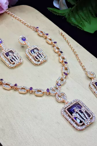 Blue rose gold premium designer american diamond and stone work necklace set