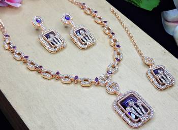 Blue rose gold premium designer american diamond and stone work necklace set 3