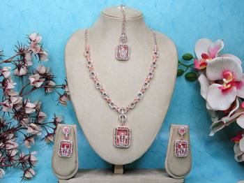 Pink rose gold premium designer american diamond and stone work necklace set 1