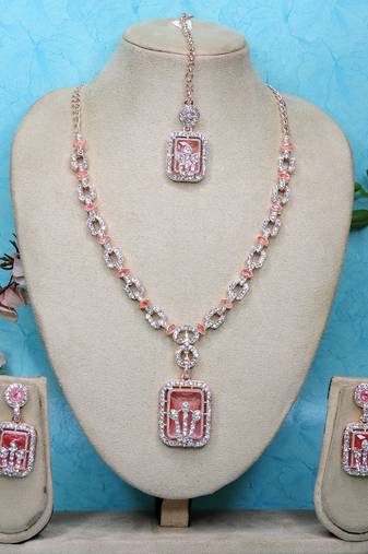 Pink rose gold premium designer american diamond and stone work necklace set