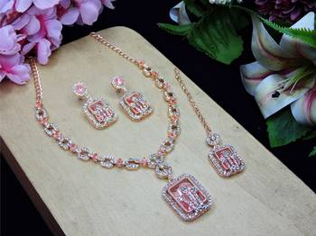 Pink rose gold premium designer american diamond and stone work necklace set 2