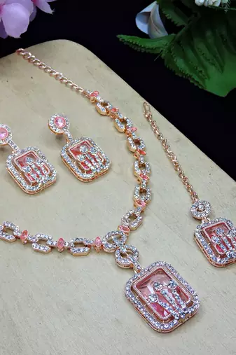 Pink rose gold premium designer american diamond and stone work necklace set