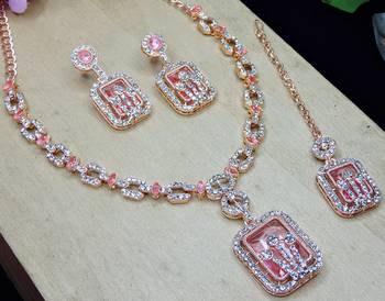 Pink rose gold premium designer american diamond and stone work necklace set 3