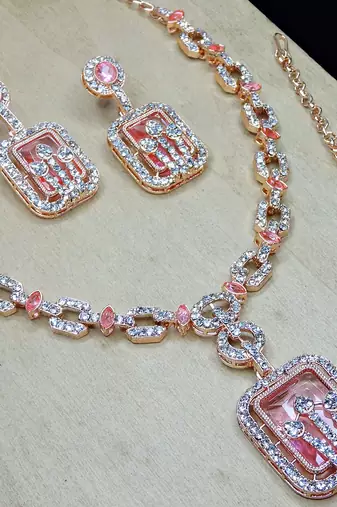Pink rose gold premium designer american diamond and stone work necklace set