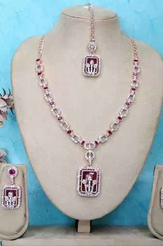 Purple rose gold premium designer american diamond and stone work necklace set