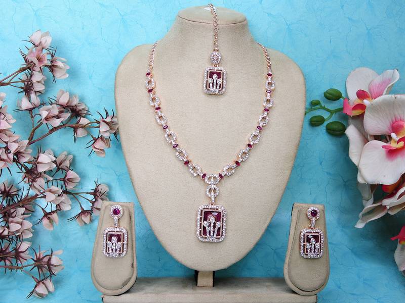 Purple rose gold premium designer american diamond and stone work necklace set