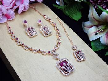 Purple rose gold premium designer american diamond and stone work necklace set 2