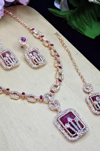 Purple rose gold premium designer american diamond and stone work necklace set