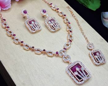 Purple rose gold premium designer american diamond and stone work necklace set 3