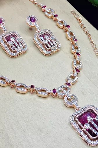 Purple rose gold premium designer american diamond and stone work necklace set