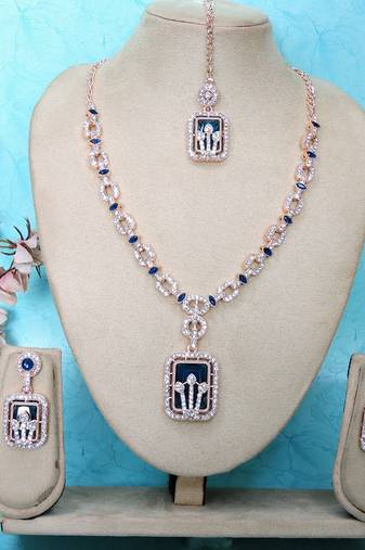 Blue rose gold premium designer american diamond and stone work necklace set